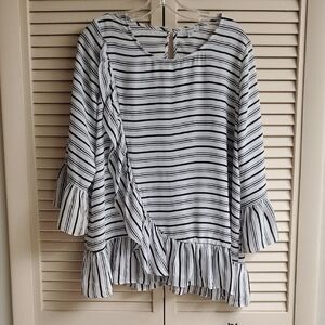 JODIFL Black & White Striped Ruffle Hem Blouse